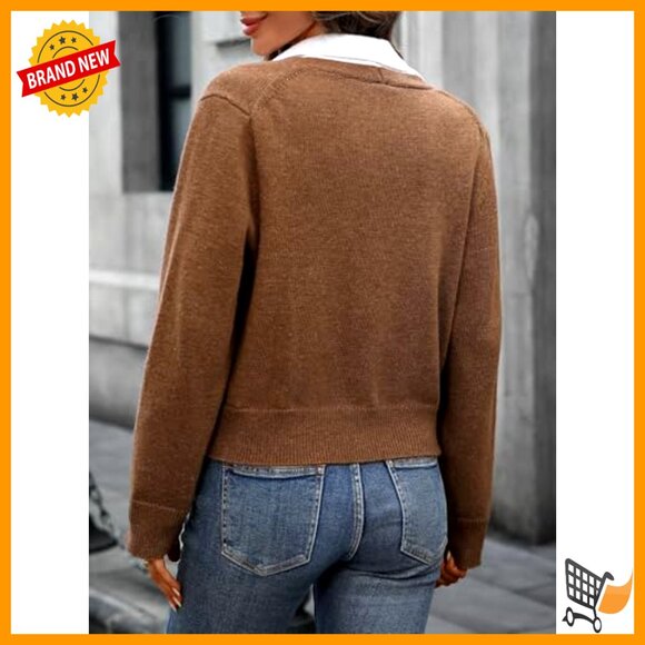 Oversize Cropped Cardigan Sweater V Neck Long Sleeve Button Front Pockets - Picture 6 of 7